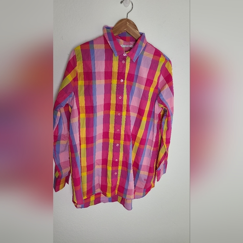 Isaac Mizrahi Live pink plaid button down shirt wo.en's size 10